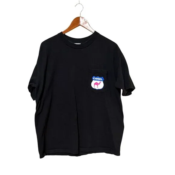 Vintage American Born Black XL Camel Pocket Graphic T-Shirt Made In USA - Picture 2 of 8